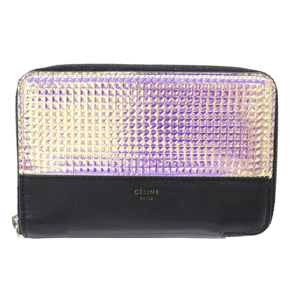 Celine Zip Around Bifold Wallet Compact Black Leather Mirror